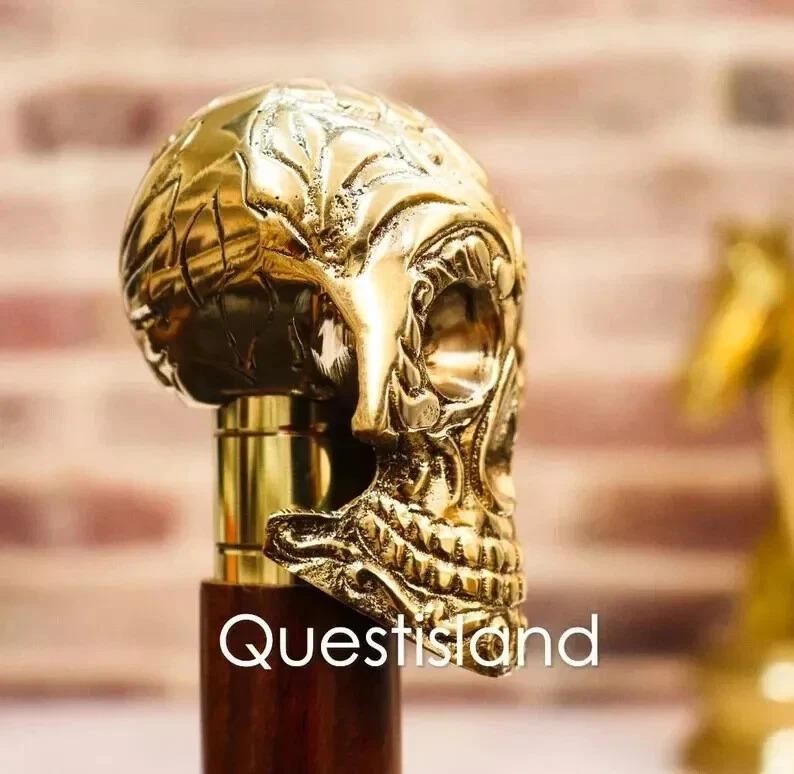 Skull Head Handle Brass Wooden Victorian Foldable Cane Collectible