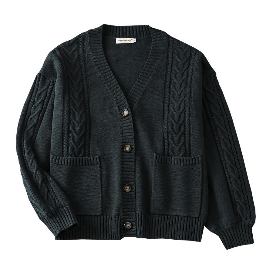 Women's Japanese JK Cable Knit Cardigan V Neck Long Sleeve Loose Cotton Sweater Coat Multi Color