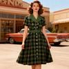 Women's Fashionable Retro Color-Blocked Collar Double-Breasted Checkered Fitted Elegant Midi Dress For Fall/Winter