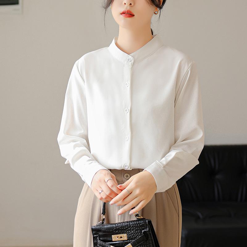 Women's French Style White Chiffon Shirt with Stand Collar for Spring-Autumn