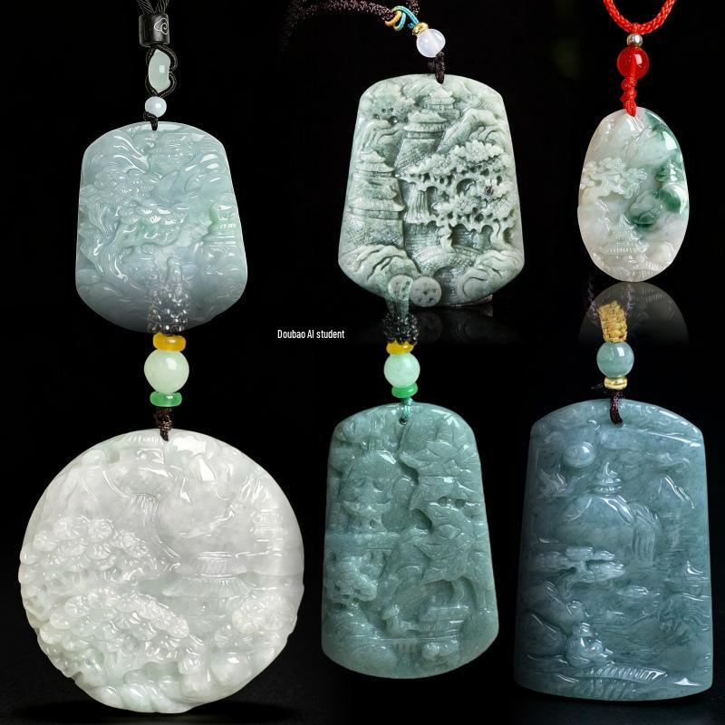 A-Grade Natural Jade Landscape Carving Pendant Ornament - Chinese Style Handicraft