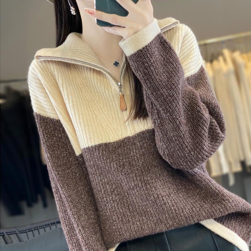 Women's High-Neck Color-Block Wool Pullover Sweater, Loose Fit Half-Zip for Autumn/Winter