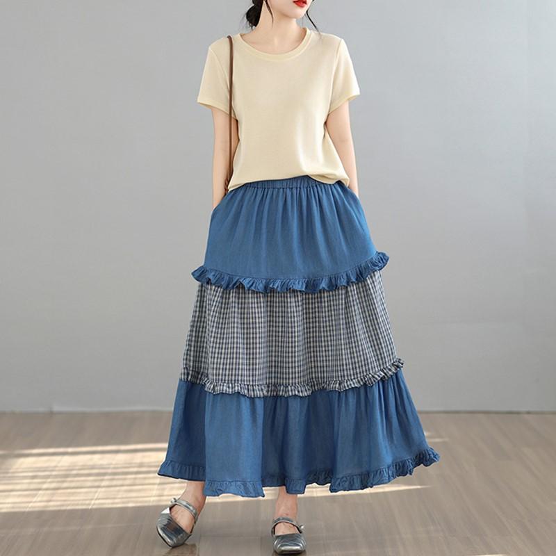 Denim Plus Size High Waist Vintage Patchwork Spring Summer Autumn Casual Loose Long Woman Skirt