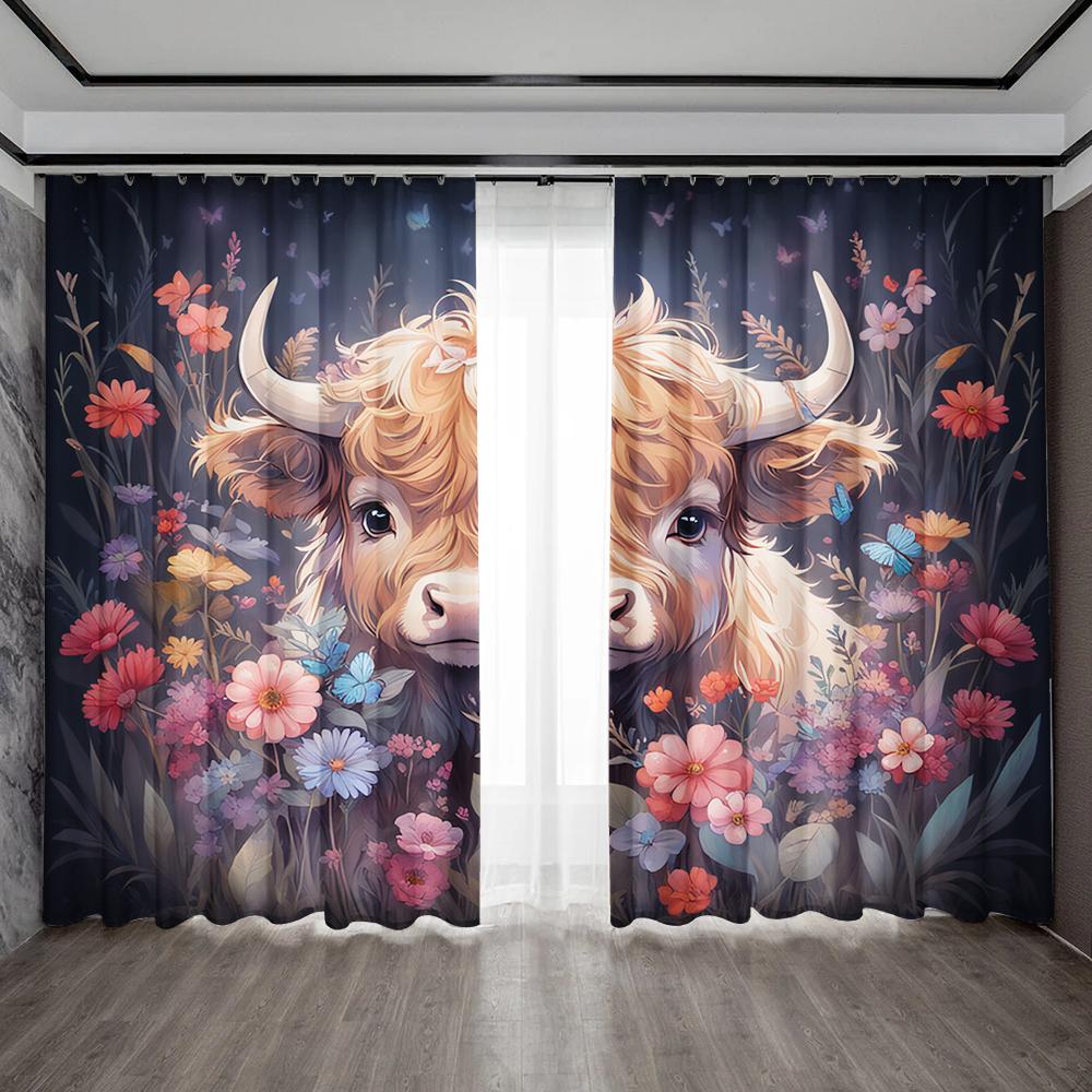 

2PC Home Decoration Curtains With Cartoon Animal Background And Rod Pocket Curtains, Suitable For Kitchens, Cafes, Living Rooms 75x166cm&Without mount