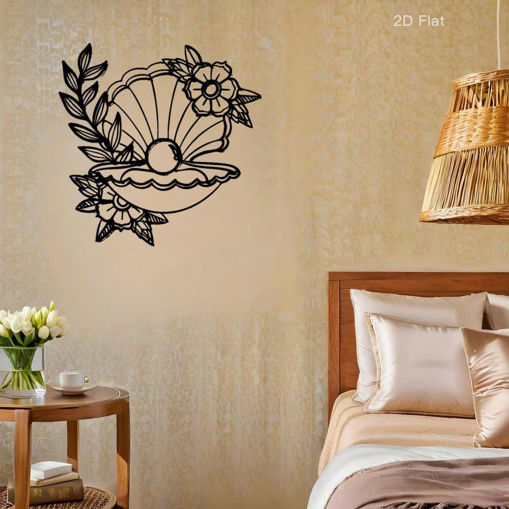 Metall-Wandkunst Florale Muschel Laserschnitt Eisen Schwarze Perle Akzent Rustikales Botanisches Dekor Wohnzimmer Schlafzimmer Elegantes Zuhause Geschenk