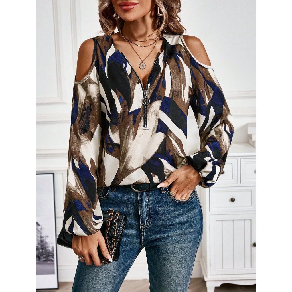 Elegant Long-sleeved V-neck Zipper Women’s T-shirts