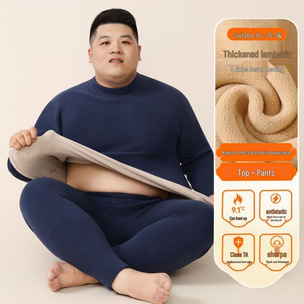 Unisex Plus Size Thermal Underwear Set with Thickened Velvet and Lambskin, Round Neck, for Autumn and Winter