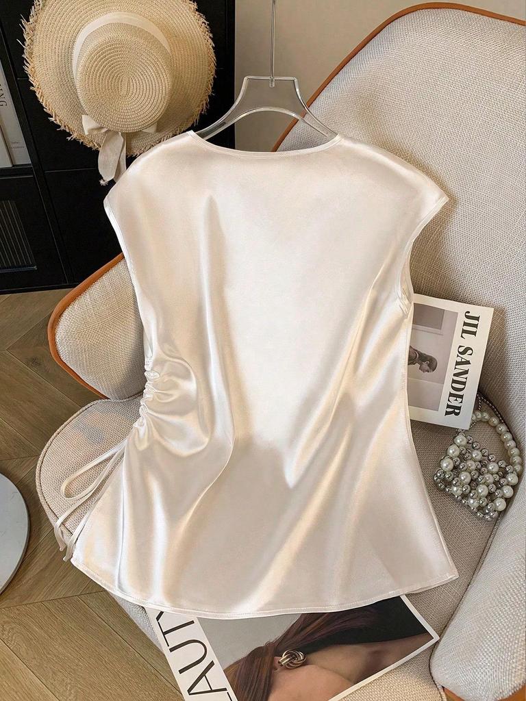 Women's V-Neck Satin T-Shirt - Summer 2026 Slim Fit, Plain Color, Short-Sleeved, Stylish Top