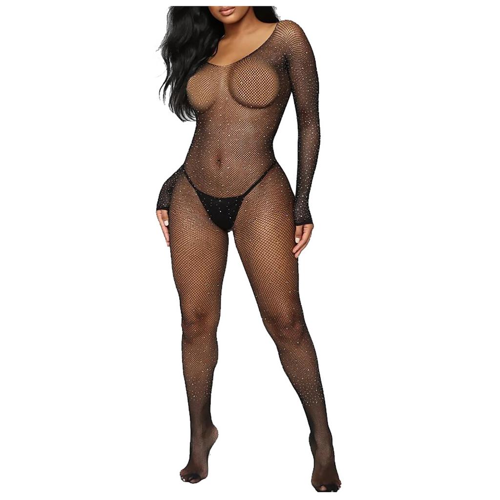 Fishnet Bodysuit Full Body Sheer Mesh Lingerie One Piece Stretchy Bodystocking Long Sleeve Open Crotch Bodysuit for Women