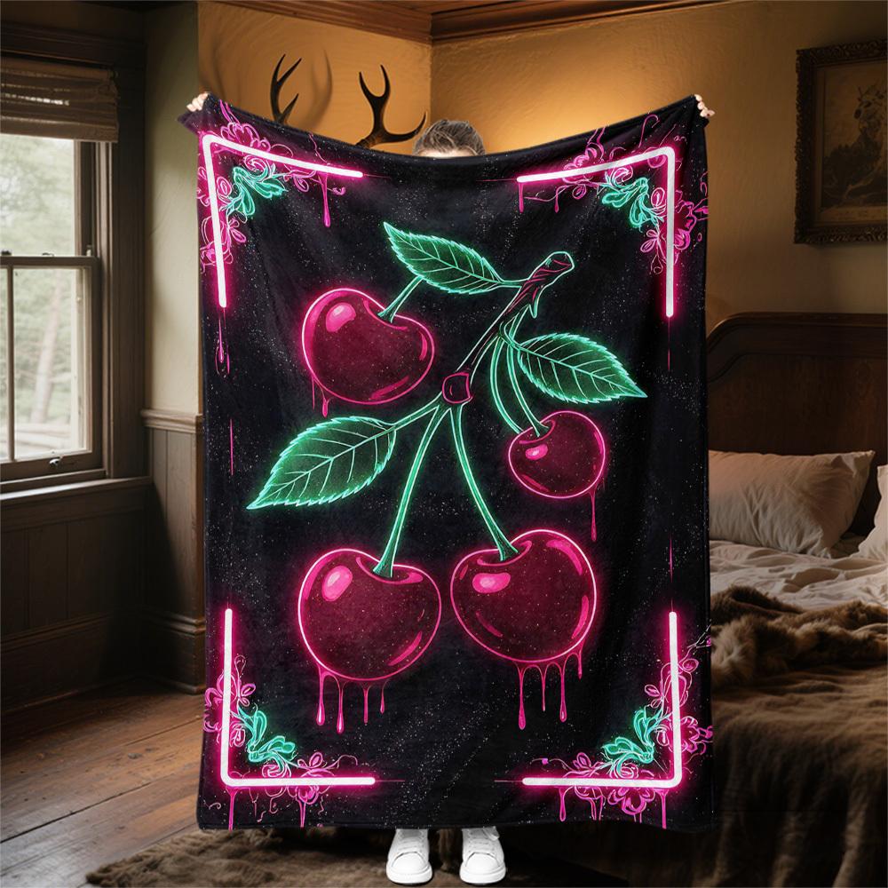 1pc Cherries Neon Outdoor Flannel Blanket Soft Warm All-Season Throw for Sofa Bed Car Camping Office, Cozy Gift Idea1180S
