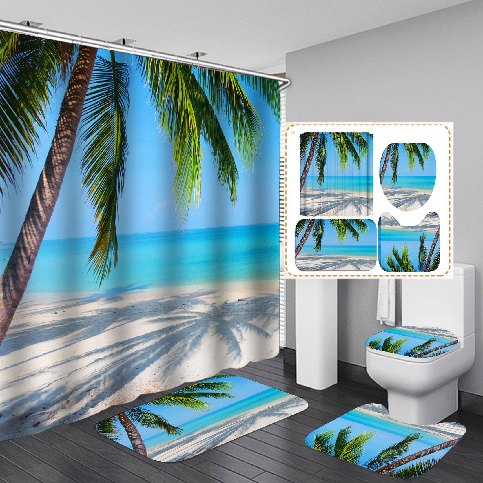 

4Pcs серії Beach Набори завіс для душу для ванної кімнати Нековзкі килимки для ванної кімнати Кришка для унітазу Килимок для ванної кімнати