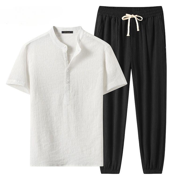 Linen Short-sleeved Suit Men's Summer Thin Ice Silk Loose Breathable Casual Two-piece Suit