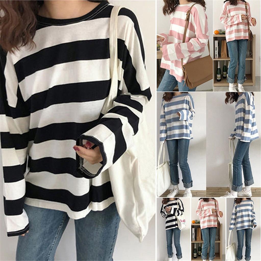 Lenjerie de corp pentru femei de primăvară și toamnă, cu mâneci lungi pentru studenți, cu mânecă lungă, coreeană, versatilă, cu dungi