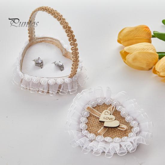 Tragbare Ringbox in Herzform, Spitzendekor, Eheringkissen, Innenteil aus weichem Schaumstoff, Ringkorb mit Tragegriff