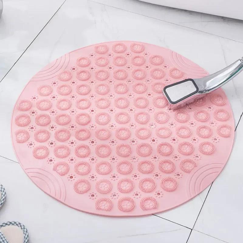 Round PVC Anti Slip Bath Mat with Sucker Drain Hole Soft Silicone Bathing Rugs  Bathtub Shower Foot Massage Pad Bathroom Floor