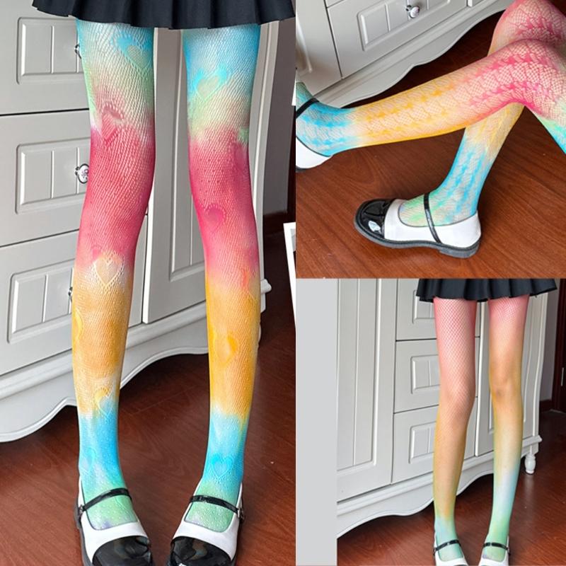 Sexy Regenbogen-Farbverlauf Bunt Fischernetz Strumpfhose für Damen Süßigkeiten-Farbe Hohl Spitze Jacquard Strumpfhose JK Strümpfe Leggings