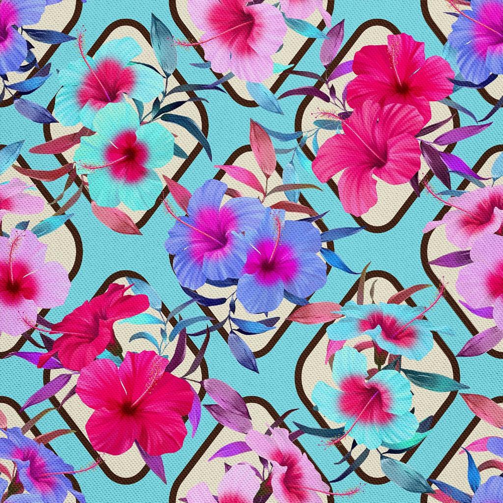 Outdoor Dekostoffe Oxford - Motiv Hibiskus Auf Blauem