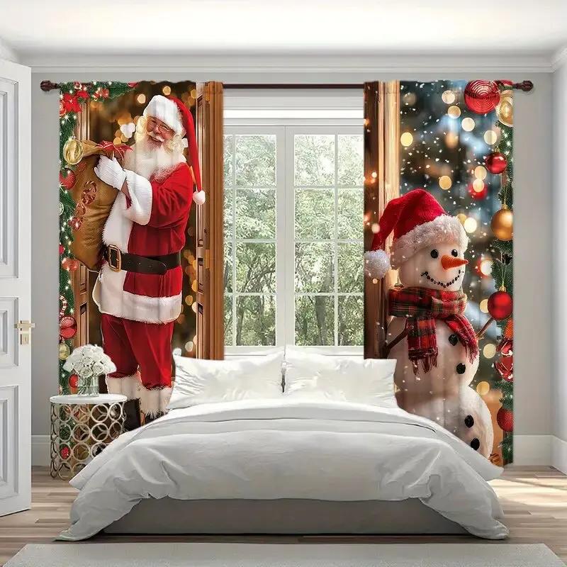 Set Of 2 Christmas Santa Claus Snowman Printed Curtains Pole Bag Home Decoration Room Made Polyester