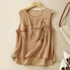 Women's Summer Chinese Vintage Cotton-Linen Embroidered Tank Top Solid Color Comfortable Loose-Fit Round Neck Sleeveless Top