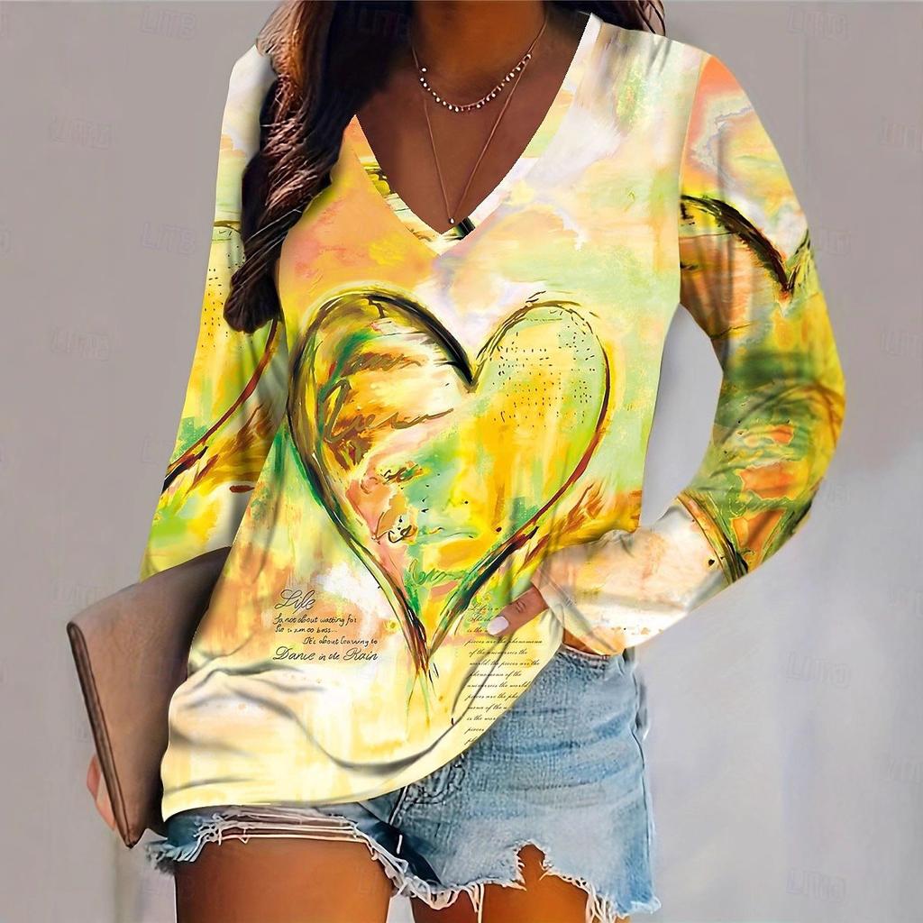 Spring and Autumn V-neck 3D Love Printed Top Fashionable Casual Long Sleeved Women's T-shirts