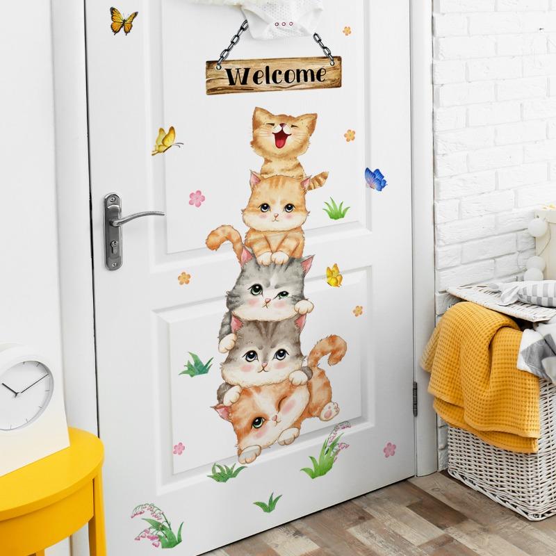 Cartoon Five Cats Welcome Wall Sticker Kids Room Door Decoration Mural Bedroom Entrance Home Decor Self Adhesive Kitty Wallpaper
