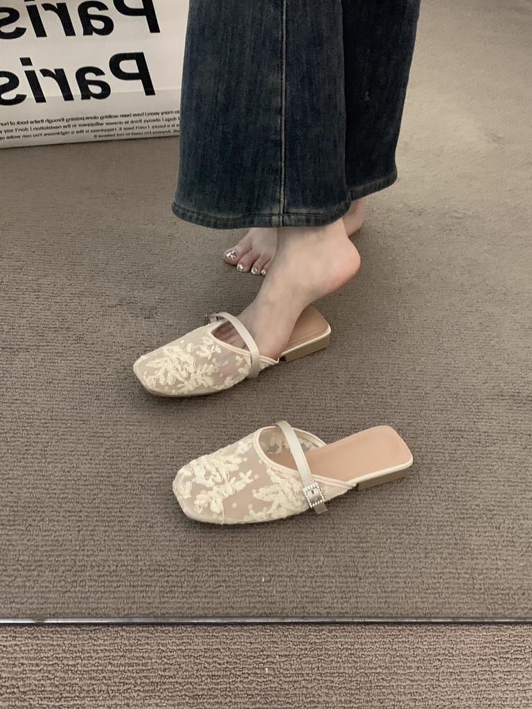 Niche mesh premium baotou half-drag sandals women's shoes 2025 new summer vacation style French with evening shoes