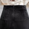 Women Midi Skirt High Waist Irregular Front Slit Design Golden Velvet Skirt Solid Color Design Leg-shaping Skirt