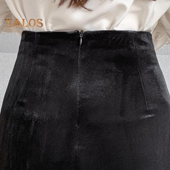 Women Midi Skirt High Waist Irregular Front Slit Design Golden Velvet Skirt Solid Color Design Leg-shaping Skirt