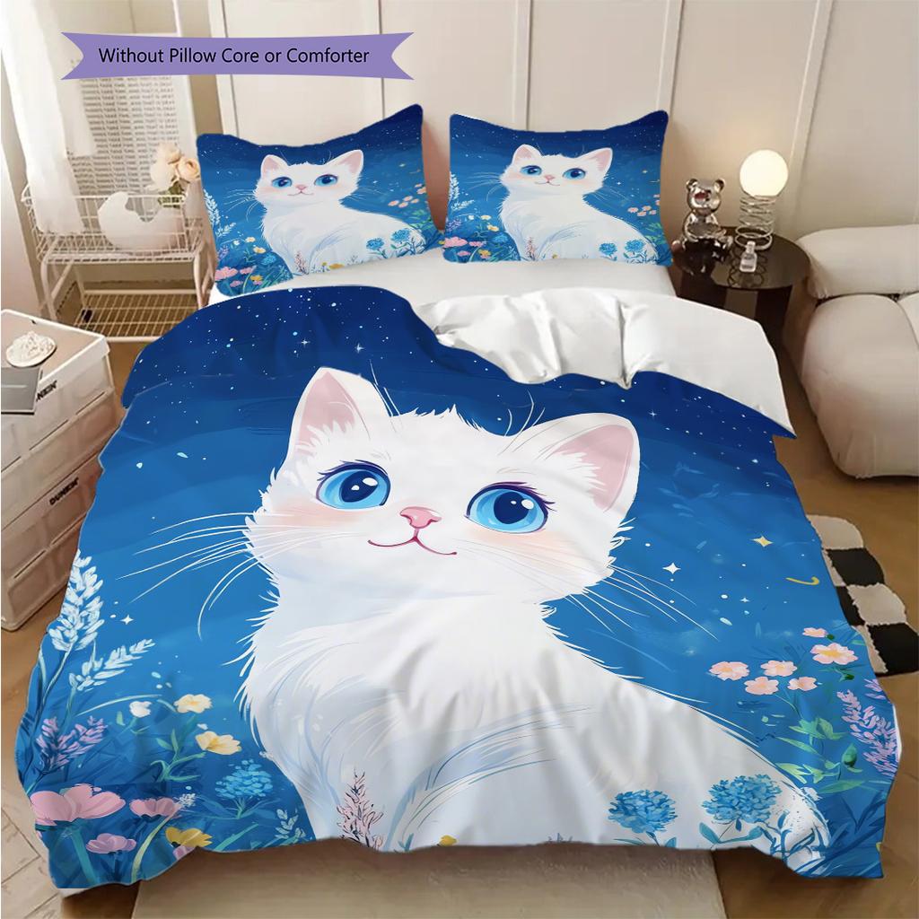 Weißes Katzenmuster Bettwäsche Steppdecke Set Deckenbezug Kissenbezug Heimdekoration Geburtstagsgeschenk (1 Bettbezug + 2 Kissenbezüge, ohne Füllung)