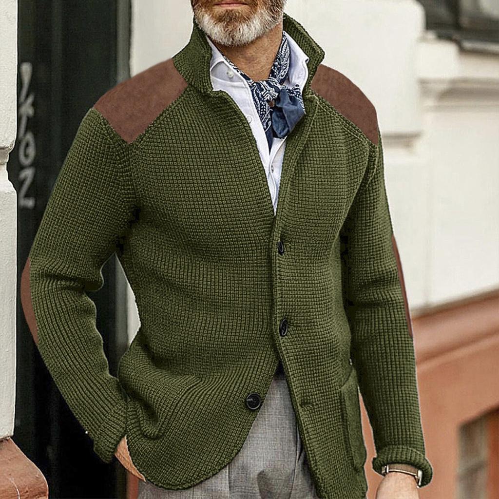 Men's Cardigan Color-Blocked Slim-Fit Stand-Collar Long-Sleeve Knitted Outerwear