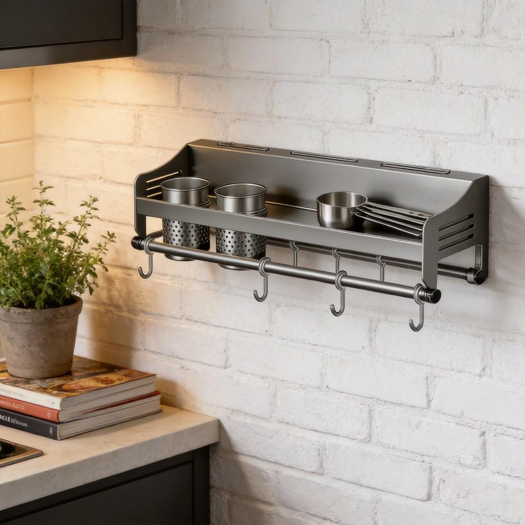 Modern Steel Kitchen Wall Organizer With Knife Slots And Hooks For Home Storage