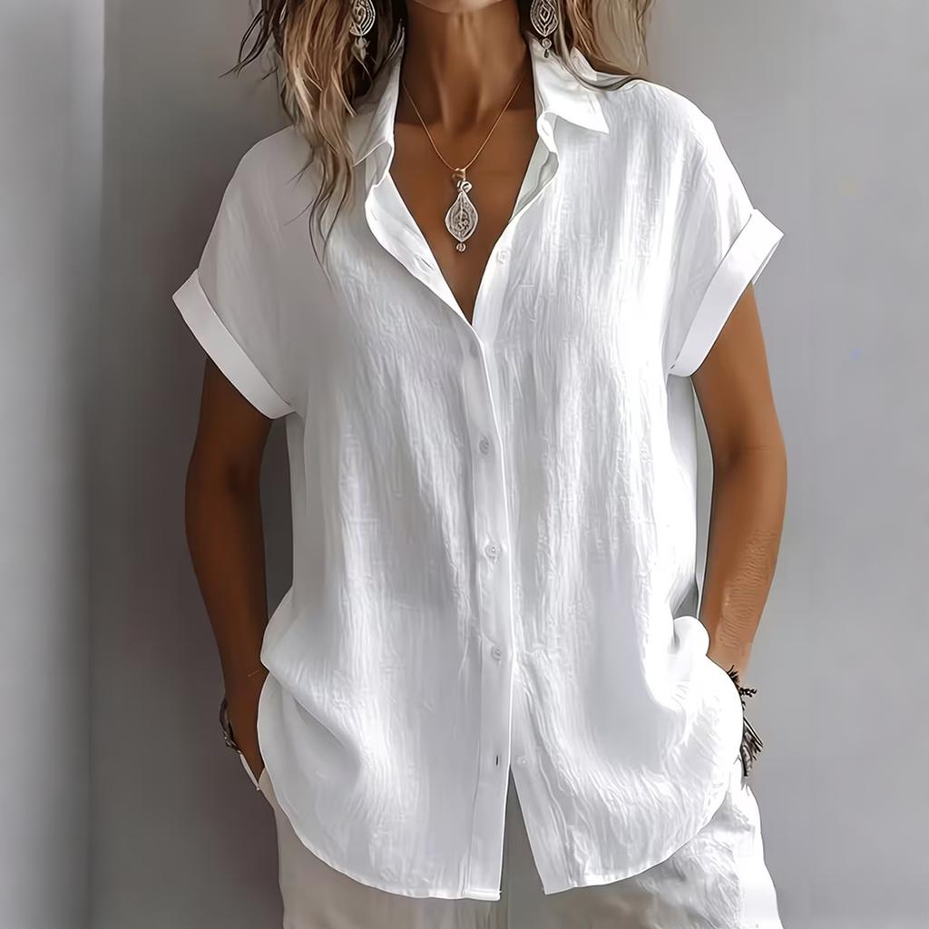Women's Color Short Sleeve Button Down Shirt - Loose Fit Turn-Down Collar Blouse for Casual Daily Wear