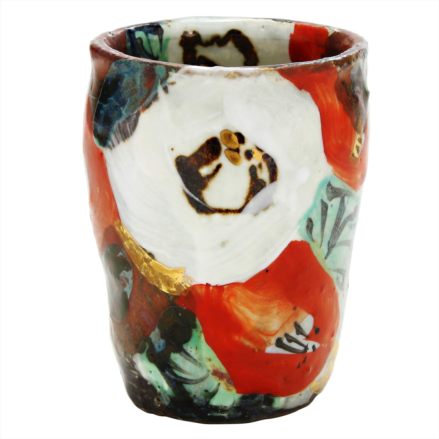 Mino ware sake cup by Kazuto with camellia design and gold in a wooden Wada, accents, box. (105-0022)