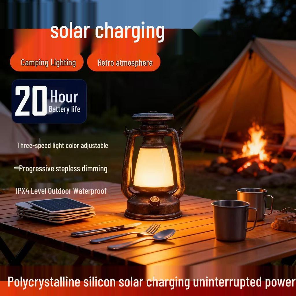 Solar-Powered LED Dual Color Camping Lantern - USB Rechargeable, Portable Hanging Lamp for Outdoor and Tent Lighting