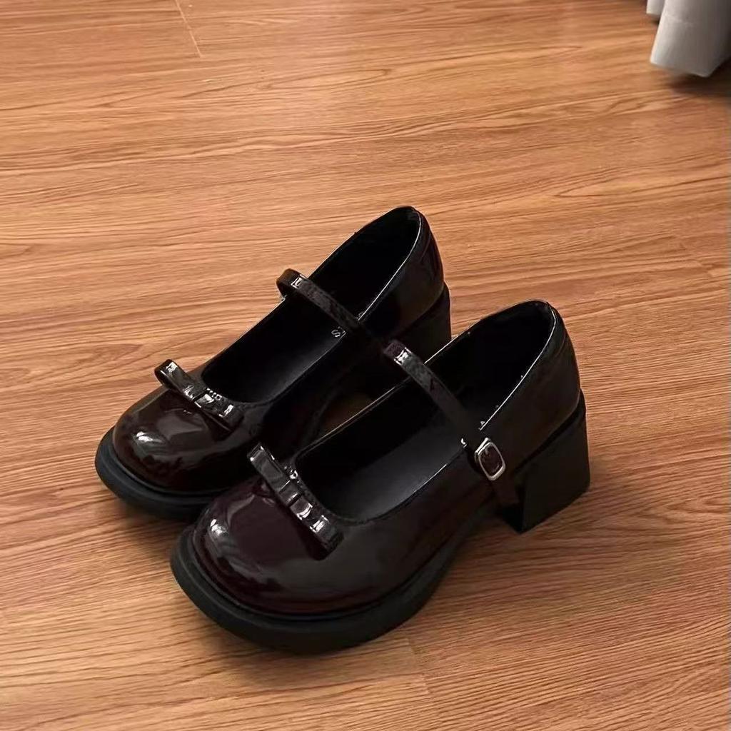 Französische Retro-High-Heel-Mary-Jane-Schuhe 22 Temperament elegant Herbst Schleife Runde Spitze Britischer Stil Kleine Lederschuhe