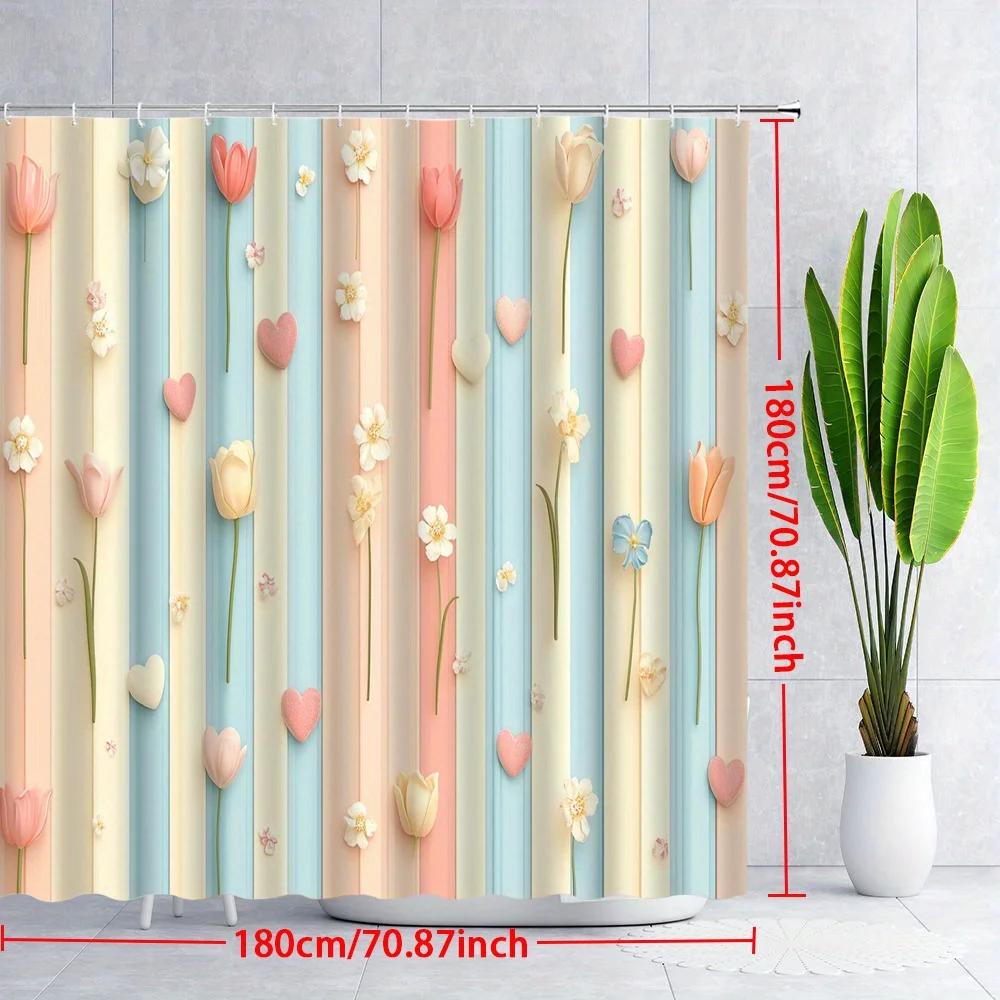 1 Stück Pastell-Streifen Duschvorhang - Blumen & Herzen, Vertikale Tulpen & Gänseblümchen, Verspielt & Romantisch, Polyester, Badezimmerdekor