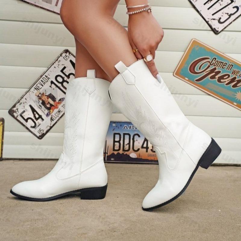 Fashion Women Ankle Boots 2025 Autumn New Embroidered Western Cowboy Boots Pointed Toe Thick Heel Gold Woman Short Boots Botas Mujer