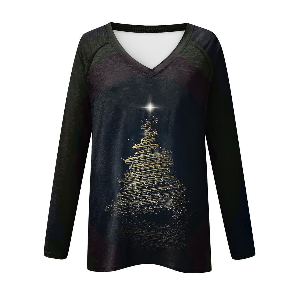 Damen Casual Fashion Weihnachten Grafik Gedruckt Casual Print Langarm V-Ausschnitt Pullover Top Bluse