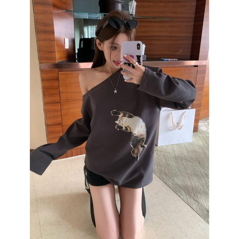 Kumikumi American Style Sexy Style Cat Printing Oblique Shoulder Long Sleeves Sweatshirt Female Autumn Loose Slim Fit Versatile Top
