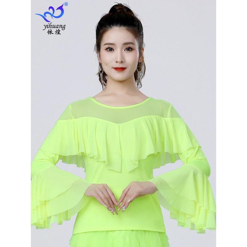 Latin Dance Top Women Ballroom Practice Wear Mesh Long Sleeve Flared Cuff Milk Silk 2025 Black Red Pink