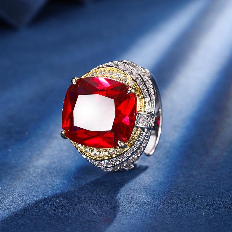 Jewelry Copper Bottom Gold-Plated Simulation Corundum Fat Rectangular Light Luxury Personalized Ring Female 14 * 16