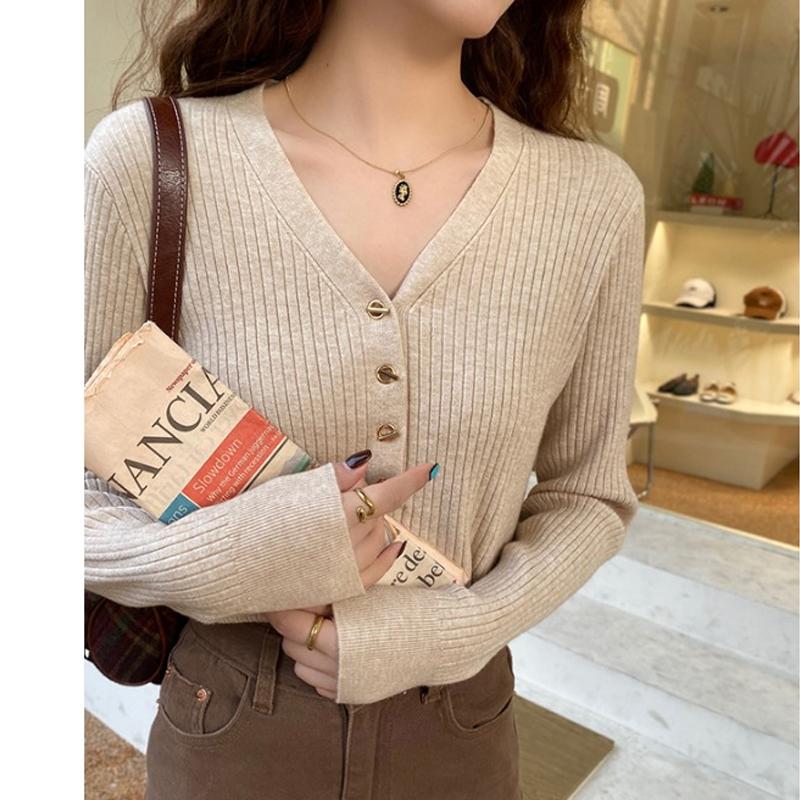 V-neck Fashion Women's Knitted Sweater Pullover Bottoming Shirt Spring Buttons Long Sleeved Top Outside Solid Color Casual Office Elegant Clothing