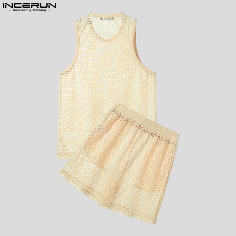 INCERUN Zweiteilige Herren Hollow Ärmellose Tanktops und Shorts Strandoutfits Sets 2PCS