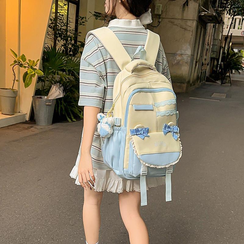 Bow Unisex Nylon Travel Backpack With Color Block Pattern And Compartment Laptop