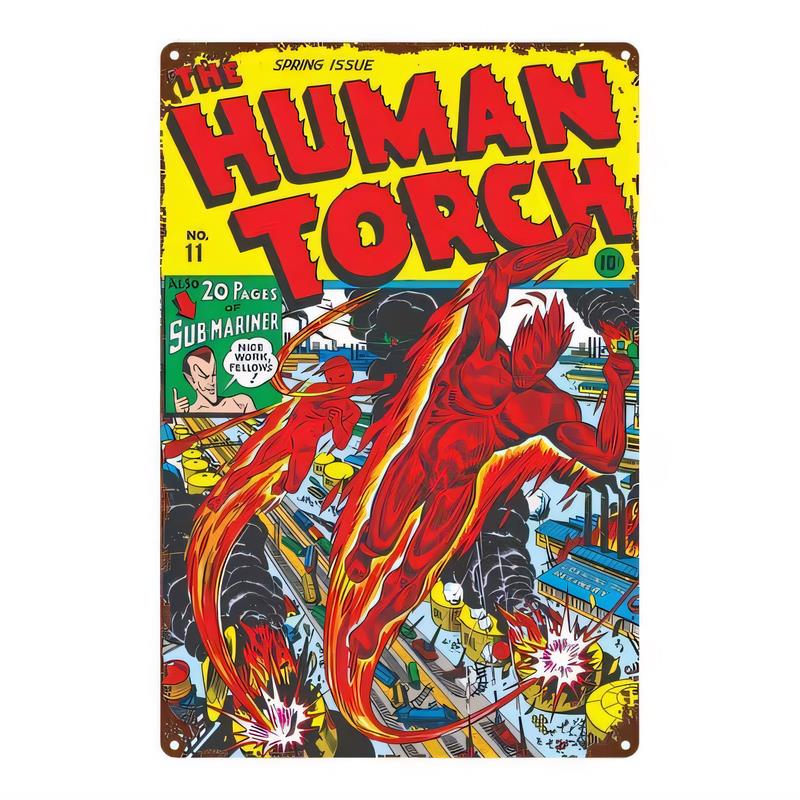 Tin Sign The Human Torch Comic Book Style Retro Metal Poster Wall Decor for Living Room Bedroom Bar Garage Man Cave Halloween