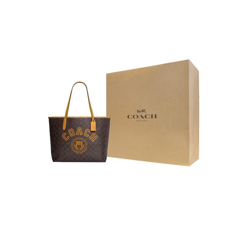 New COACH City Artificial Leather Tote Bag Shopping Bag Shoulder Bag Handbag Large Size Women's Brown And Yellow CB869-QBUOD