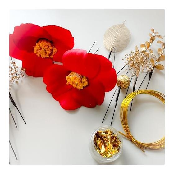Tsubaki Hair Accessory for Coming-of-Age Ceremony, Dried Flowers, Gold Mizuhiki, Ball Kanzashi, Gold Leaf, for Graduation Ceremony, Wedding,