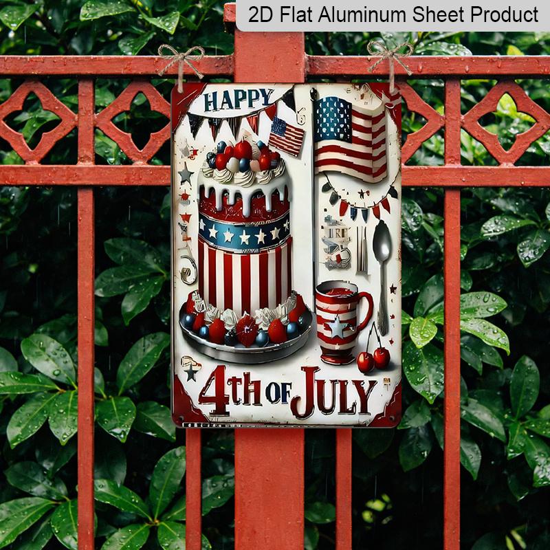 2D Flat 4th of July Aluminium Sign Vintage Independence Day Celebration Metal Sign Print Aesthetic Room Decoration for Home Bedroom Kitchen Bar