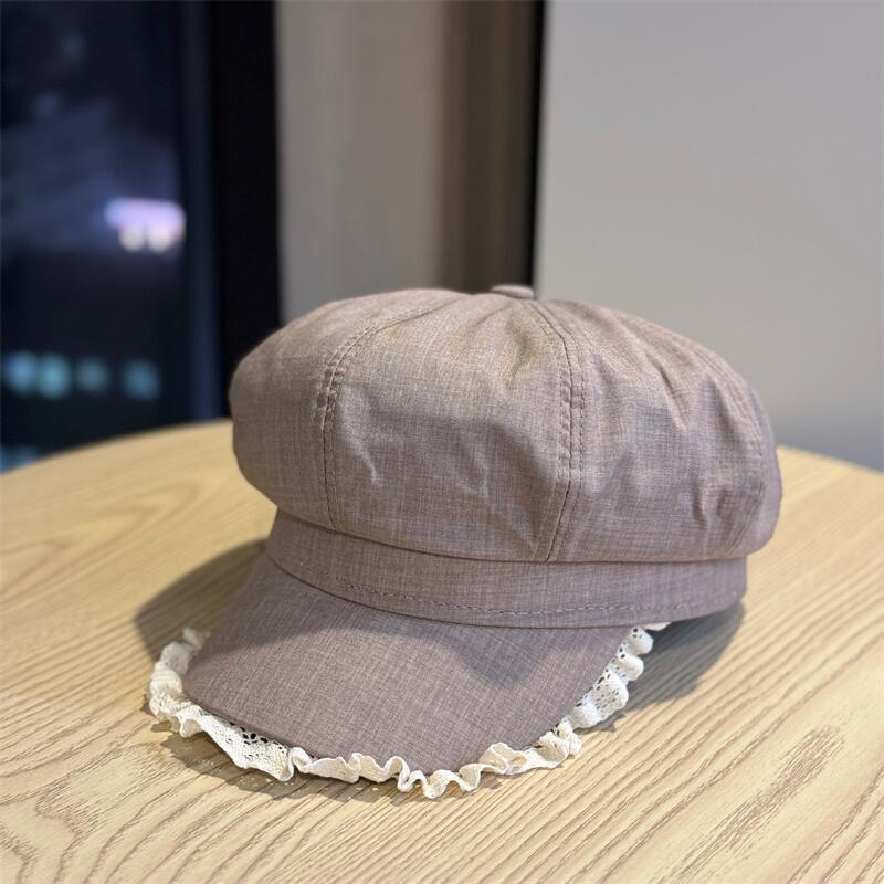 

Lace-trimmed denim octagonal hat for women, spring/summer, large head circumference, makes the face look smaller, artistic and sophisticated, beret, Adult54-60Average Size хаки