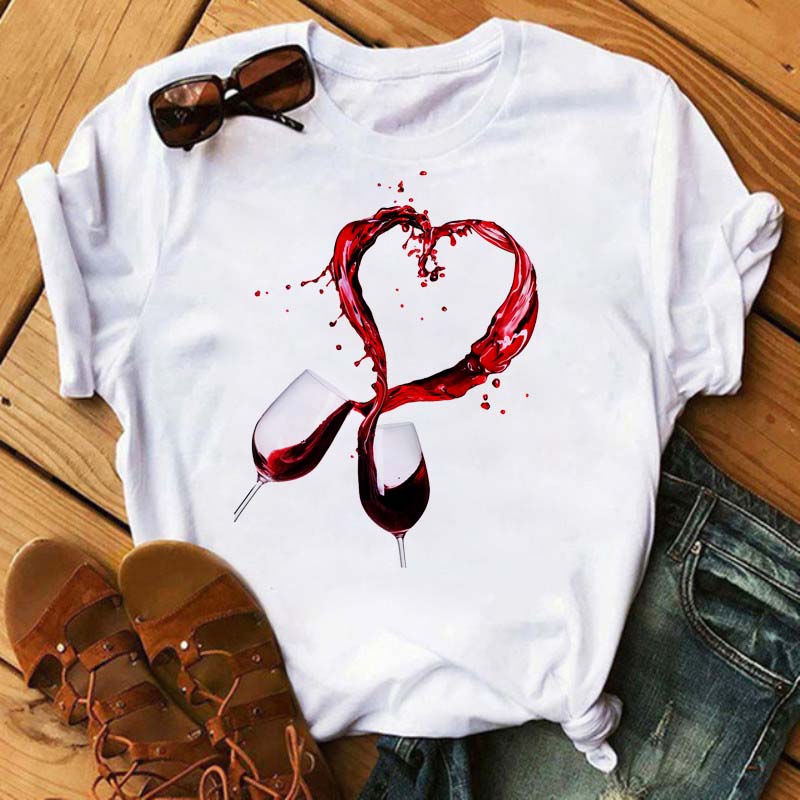 New Women T-Shirt Casual Short Sleeve T Shirt Women's Fashion Rose Red Wine Glass Printed Black T-Shirt Female Tops Tees